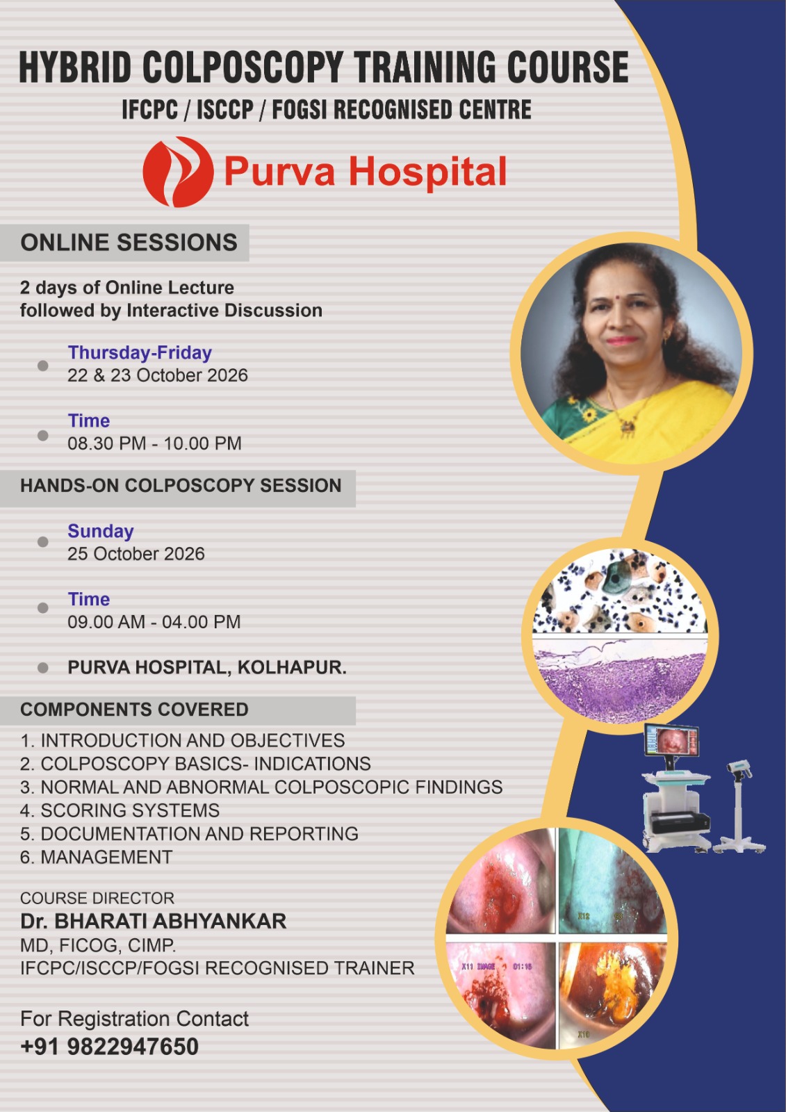 Poster for the Hybrid Colposcopy Training Course at Purva Hospital Kolhapur: online sessions 22 and 23 October 2026, hands-on session 25 October 2026